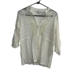 White Lace Pleated Sheer Blouse S Romantic Victorian Cottagecore‎ Layering Top